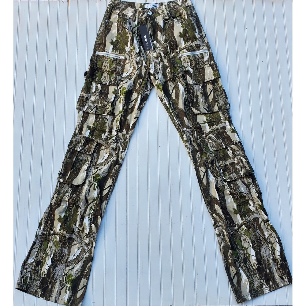 Fashion Nova Women Tree Bark Camo Cargo Pants Green Brown AD04FNT Size 7 NWT